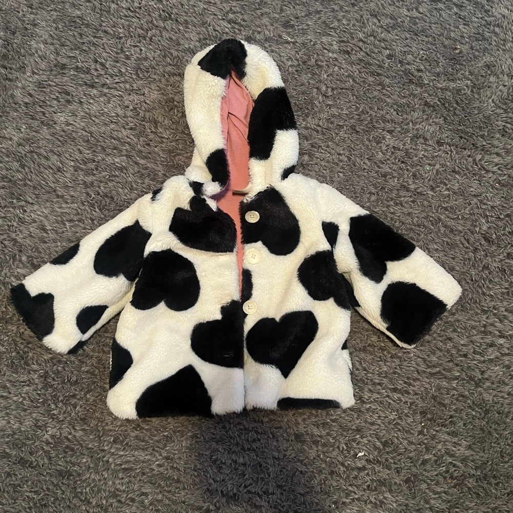 Adorable Cow Print Faux Fur Coat with Hood – Toddler Size 2T